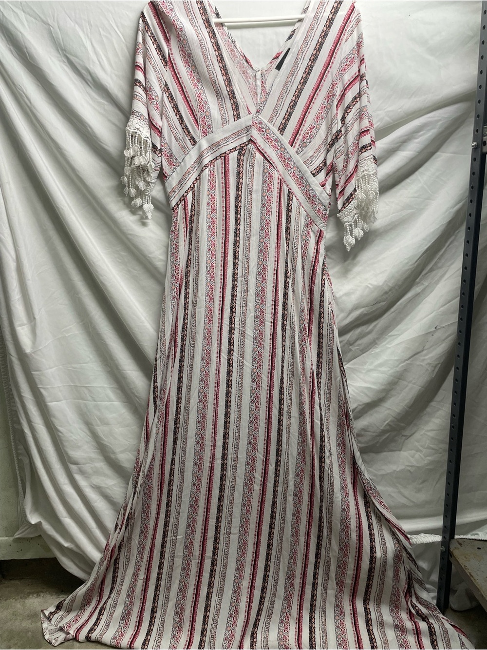 Angie White and Red Striped Boho Maxi Dress with Tassel Sleeves
